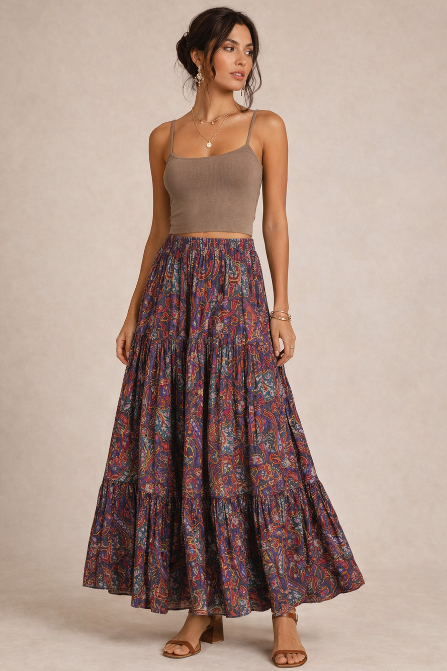 Vintage Crinkled Paisley Boho Broomstick Skirt Multi Color Sz 36 Small Boho Chic
